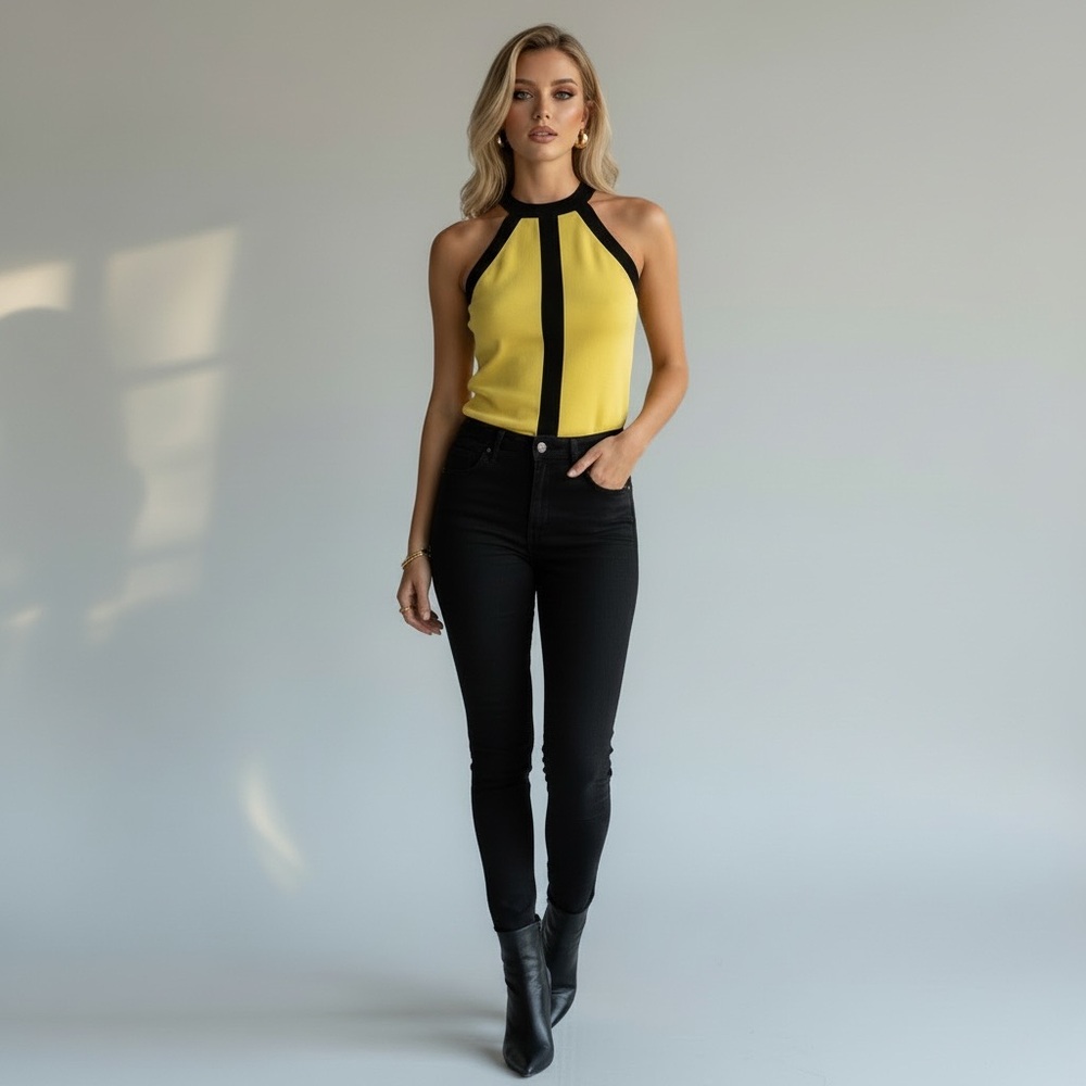 Cache MOD Bodycon Yellow Colorblock Silk halter top